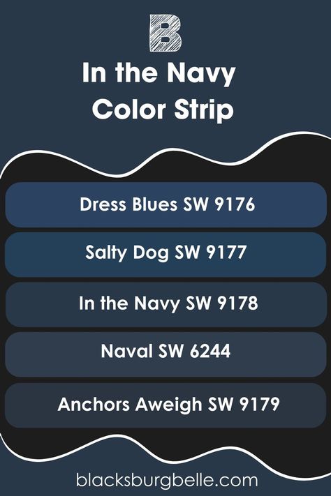 If In the Navy is too dark or slightly different from the shade of navy blue you want, you don’t have to look far for alternatives. I’ve carefully picked navy blue colors from the same strip as In the Navy to give you options ranging from light to dark. Sherwin Williams Salty Dog, Denim Blue Paint, Navy Blue Paint Colors, Navy Blue Paint, Dog Words, Blue Gray Paint, Navy Walls, The Undertones, Neutral Paint Color