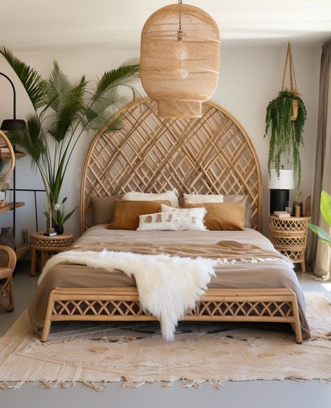 deco chambre tropicale grande tete de lit rotin plantes tapis beige style berbère Bali Style Bedroom, Australian Apartment, Bali Bed, Bali Bedroom, Hampton Style Home, Rattan Bedroom, Bali House, Bohemian Bedroom Decor, Bohemian Bedroom