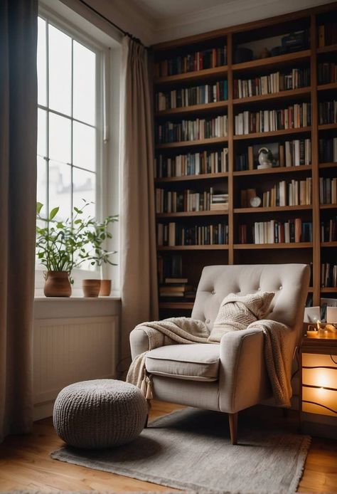 25 Cozy Reading Nook Ideas for Book Lovers Cozy Reading Corners In Small Spaces, Moody Reading Nook, Reading Nook In Living Room, Cozy Reading Nook Ideas, Reading Chair Corner, Small Reading Corner, Reading Corner Ideas For Adults, Office Reading Nook, Book Chair