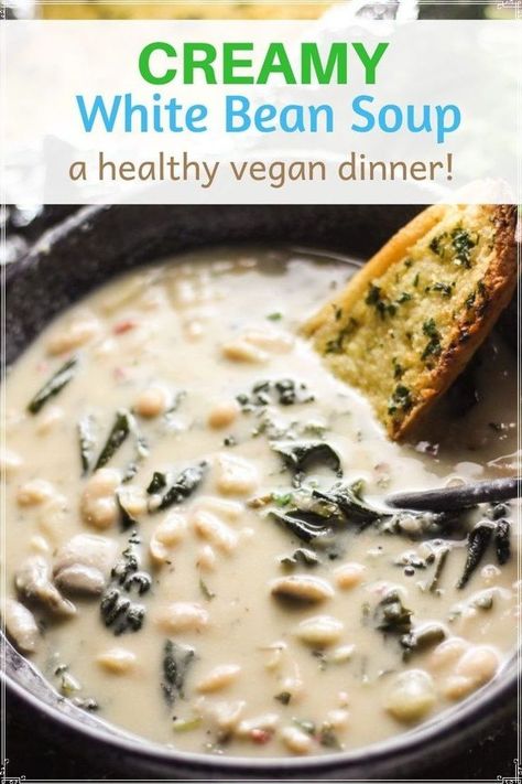 Vegan White Bean Soup, Navy Bean Recipes, Vegan Garlic Bread, Vegan Winter Recipes, White Bean Soup Recipes, Bean Soup Recipe, Fall Vegan Recipes, Plant Based Recipes Easy, Vegan Thanksgiving Recipes