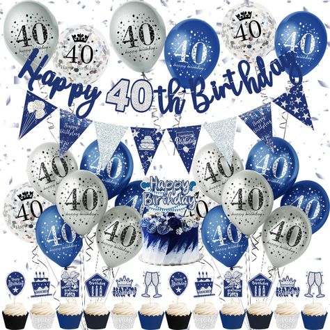 PRICES MAY VARY. 40th Birthday Party Decor 34pcs: This package includes 1pcs blue and silver Happy 30th birthday banner, 16pcs latex birthday balloons with text ''40th'', 4pcs silver confetti balloon, 1pcs cake topper, 12pcs small cupcake toppers Perfect Size & Excellent Quality: The 40th birthday banner is made of sturdy thick cardboard and using good printing technology, our banner is not only much more beautiful and delicate but also durable. . Every piece of balloons in the package are selec Anniversary Party Decor, 60th Birthday Banner, Balloons Backdrop, 40th Birthday Banner, Happy 60th Birthday, Women Birthday, Anniversary Party, 60th Birthday, Latex Balloons