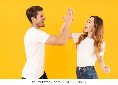 Image Cheerful Young People Man Woman | Royalty-Free Stock Image Basic T Shirts, Human Poses Reference, Human Poses, High Five, Female Poses, Model Release, Free Pictures, Pose Reference, Stock Images Free