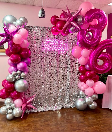 Pink And Silver Bday Decor, Magenta Birthday Decorations, Hot Pink Party Ideas, Hot Pink 21st Birthday Decorations, Silver And Hot Pink Birthday Decorations, Birthday Party Women, Fuschia Birthday Decor, Barbie Decorations Birthday Party Ideas, Hot Pink Birthday Backdrop