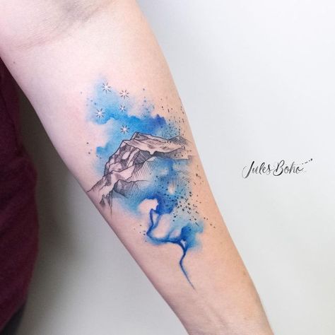 Watercolor Earth Tattoo, Watercolor Celestial Tattoo, Lights Tattoo, Watercolor Mountains Tattoo, Northern Lights Tattoo, Scotland Tattoo, Miscellaneous Tattoos, Watercolor Tattoo Ideas, Fav Flower