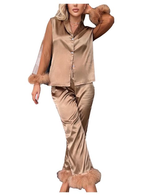 PRICES MAY VARY. Title: WDIRARA Women's 2 Piece Satin Fuzzy Trim Pajama Pants Set Mesh Long Sleeve Button Down Sleepwear Mocha Brown S. Product Type: Departments > Women > Clothing > Lingerie, Sleep & Lounge > Sleep & Lounge > Sets Cute Pjs For Women, Satin Pjs, Pajamas Pants, Night Pajama, Warm Dresses, Top And Pants Set, Cute Pajamas, Mocha Brown, Brown Silk