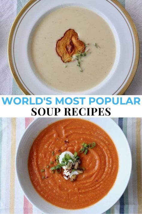 Looking for the top 10 best ever most popular soups in the world? Our comprehensive recipe guide features quick & easy homemade soups inspired by our culinary travels in Latin America, Europe, Africa, Asia and the Middle East. Soup and stew is the best healthy, low calorie lunch or dinner idea for families looking to enjoy comfort foods. Our recipes can be made in crock pots, slow cookers, Instant Pot or over the stove in a dutch oven. Many are healthy vegan, vegetarian and gluten free recipes. Worlds Best Soup, Soups Of The World, British Soup Recipes, European Soup Recipes, Winter Soup Recipes Healthy, Healthy Low Calorie Lunch, International Soups, Popular Soups, Soup Recipes Uk