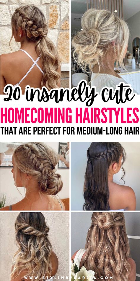 homecoming hairstyles Braided Hair For Homecoming, Long Length Hair Styles For Party, Hoco Hair Braid And Curls, Homecoming Hair Ideas 2024, Cute Hair Ideas For A Dance, Hoco 2024 Hair, Homecoming Hair Ideas Updo, Hair Braids For Medium Length Hair, Teenage Dance Hairstyles