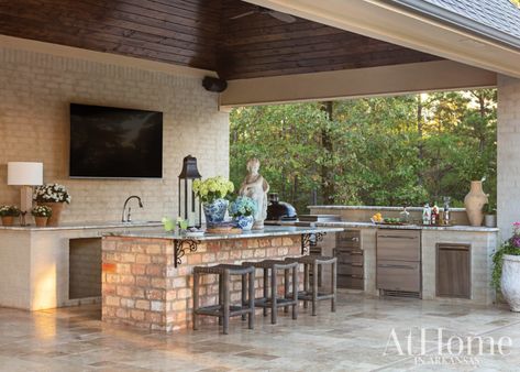 Outdoor Kitchen And Living Space, Pergula Ideas, White Wash Brick Exterior, Brick Outdoor Kitchen, French Country Aesthetic, Outdoor Amenities, Rock Couple, Outdoor Kitchen Design Ideas, Terraced Landscaping