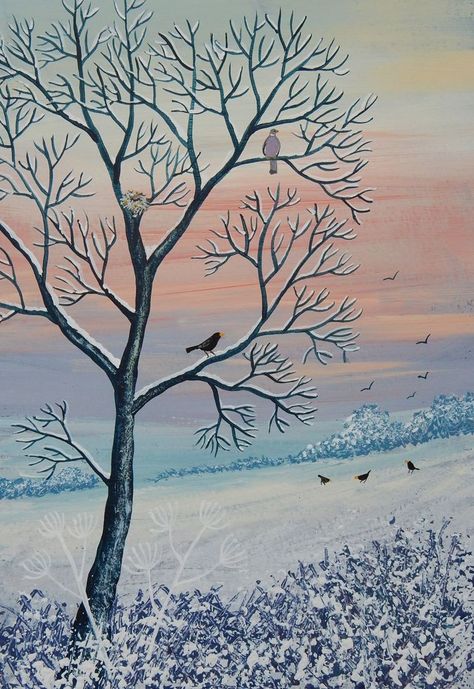 Winter Tree Drawing, Arte Folk, Winter Illustration, Acrylic Painting Lessons, Winter Tree, Illustration Ideas, Winter Painting, Tree Illustration, Tree Drawing