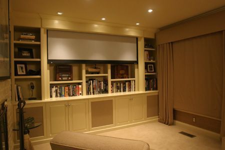 Hidden Projector Screen, Basement Theatre, Projector Room, Pull Down Projector Screen, Hidden Projector, Basement Home Theater, Theater Rooms, Media Room Design, Basement Inspiration