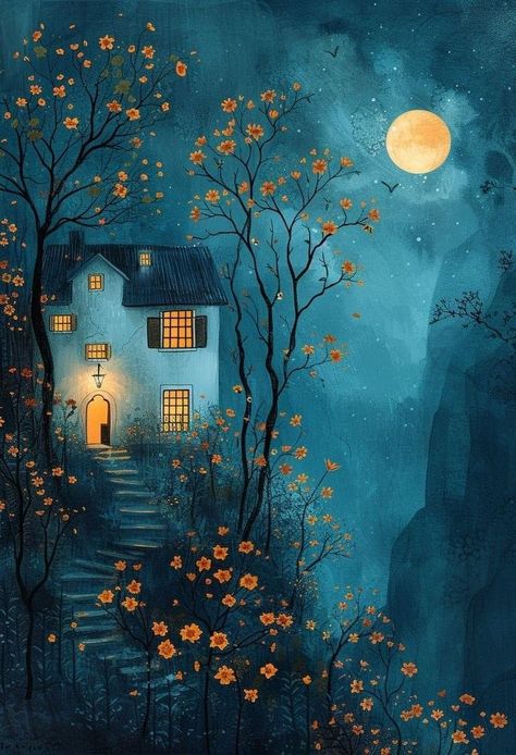 Storybook Art, Whimsical Halloween, Beautiful Figure, Halloween House, Whimsical Art, Unique Artwork, Traditional Art, Cityscape, Cool Art