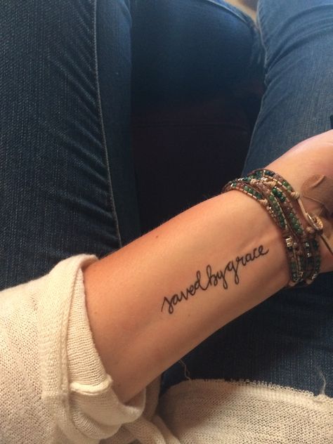 Saved By His Grace Tattoo, Side Arm Tattoos For Women Quotes Bible, Saved By Grace Tattoo With Cross, Tattoos About Grace, By His Grace Tattoo, Give Grace Tattoo, Saved By Grace Tattoos For Women, Amazing Grace Tattoo For Women, By Your Grace Tattoo