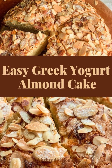 This scrumptious Easy Greek Yogurt Almond Cake is a moist, tender masterpiece scented with fragrant almonds and topped with a crunchy, nutty topping. Greek yogurt is the secret to keeping the cake rich and soft, and it's the perfect treat for afternoon tea or a sweet weekend brunch cake. Check out the full recipe and tips in the link! Greek Almond Cake, Almond Yogurt Cake, Apple Yogurt Cake Recipe, Easy Yogurt Cake, Healthy Apple Cake Recipes Greek Yogurt, Greek Yogurt Desserts, Yogurt Cake Healthy, Easy Almond Cake, Easy Almond Cake Recipe