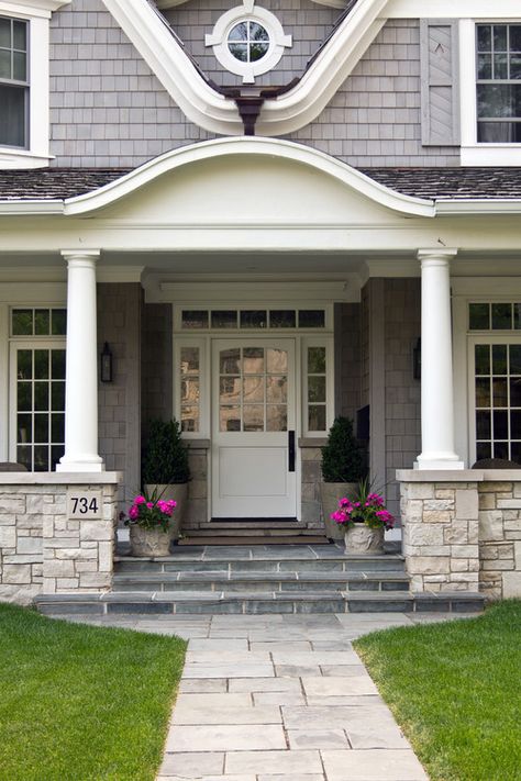 Elegant shingle-style in Hinsdale, IL. Charles Vincent George Architects. morimotophotography. Shingle House, Shingle Style Homes, French Style Homes, Roof Styles, New England Homes, Craftsman Style House Plans, Outdoor Decorating, Front Entrance, Porch Design