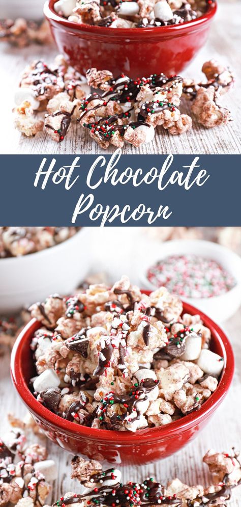 Small red bowl full of hot chocolate popcorn with another red bowl and a white bowl full of popcorn in the background. Hot Chocolate Popcorn, Marshmello Popcorn Recipes, Pioneer Woman Christmas White Chocolate Peppermint Popcorn, Gingerbread Popcorn Recipes, Hot Chocolate Pops, Chocolate Covered Popcorn Recipe, Popcorn With White Chocolate, Mini Marshmallows Recipes, Holiday Popcorn Recipes