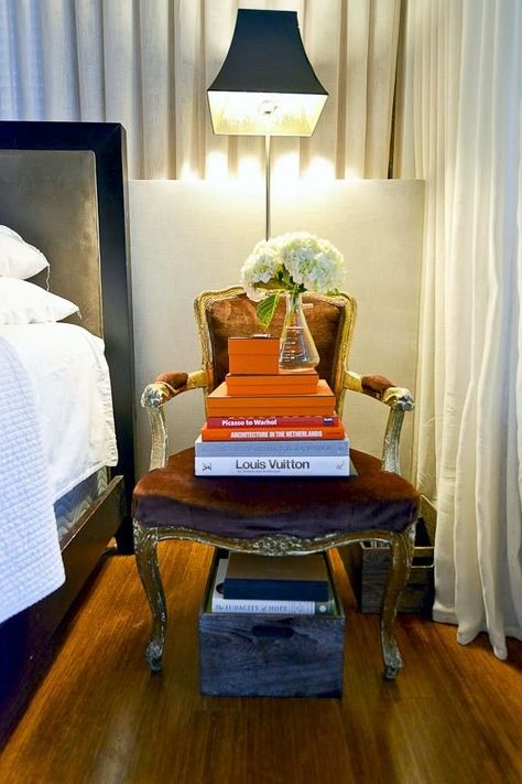 An example from Chad's Tasteful Tennessee Home. Modern Parisian Interior, Very Small Bedroom, Parisian Interior, Plush Chair, Downtown Nashville, Apartment Style, Night Table, Modern Nightstand, Guest Bed