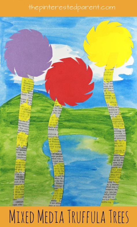 Mixed media truffula tree art inspired by Dr. Seuss' 'The Lorax'. Kid's arts and crafts,onspired by books. Earth Day crafts. Watercolor painting, newspaper, construction paper, markers Tree Art Projects For Kids, Lorax Craft, Dr Seuss Art, Truffula Tree, Truffula Trees, Dr Seuss Crafts, Seuss Crafts, Arts And Crafts For Teens, Earth Day Crafts