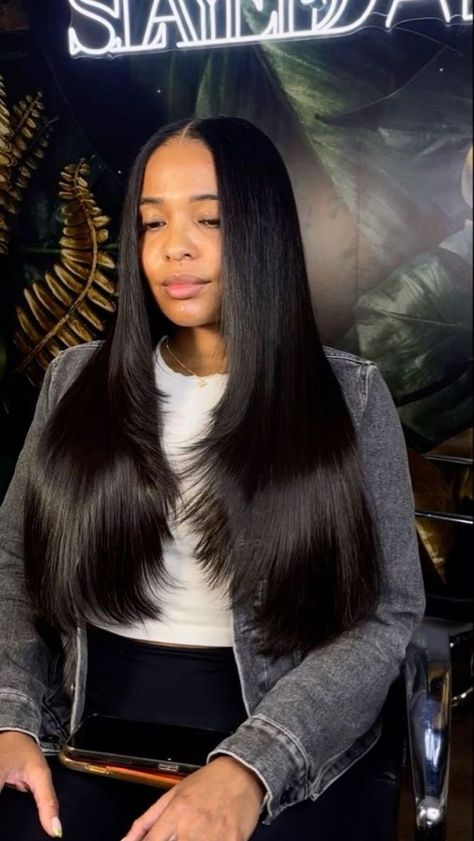 Long Straight Hair With Layers Black Women, 30 Inch Middle Part Wig, Long Layered Sew In Weave, Long Layered Weave Sew Ins, Layered Hair Weave Sew Ins Black Women, Layered Hair Sew In, Middle Part Quick Weave With Layers, Leave Our Sew In Weave, Middle Part Sew In Layers