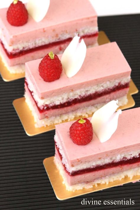 Divine Essentials: Raspberry Coconut Rhapsody Patisserie Paris, Opera Cake, Patisserie Fine, Mini Torte, Raspberry Mousse, Raspberry Coconut, Gourmet Desserts, French Desserts, Beautiful Desserts