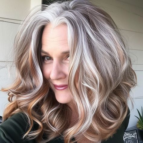 Rustic Copper Dark Blonde Gray Hair, Gray Hair Highlighted Blonde, Natural Gray With Blonde Highlights, Ways To Blend Gray Hair, Blond And Gray Hair, Graying Blonde Hair, Gray Hair With Copper Highlights, Blonde Grey Hair Over 50, Best Blonde Color For Graying Hair