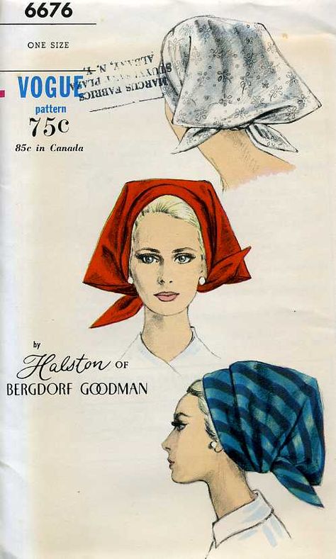 Vogue 6676; ca. 1965; Designed by Halston of Bergdorf Goodman - Scarf hat ties in back. Still featured in Vogue Pattern Book October/November 1967 1960s Vogue, Hat Patterns To Sew, 1960s Mod, Vogue Pattern, Millinery Hats, Vogue Patterns, Hat Scarf, Women's Hats, Scarf Hat