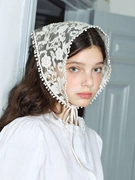 White Casual,Boho Collar  Polyester Plain  Embellished   Women Accessories White Head Scarf Aesthetic, Knit Hair Accessories, Lace Scarf Outfit, Lace Headscarf, Scarf Aesthetic, Lace Hair Accessories, Short Veil, Lace Accessories, Lace Headband