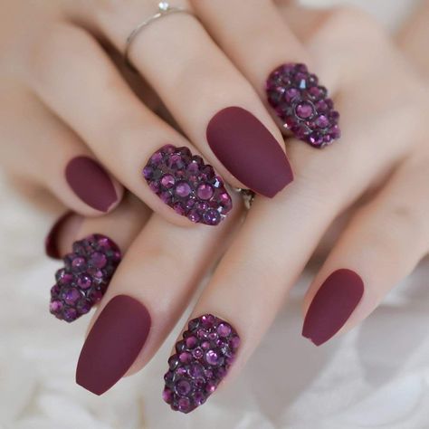 CoolNail Ballerinas Matte burgundy Coffin False Nails 3D Rhinestones Wine Red Color False Coffin Shape Pre-design Full Nail Tips Nails Yellow, Coffin Press On Nails, Fake Nails With Glue, Wedding Nails Design, Gradient Nails, Nail Sizes, Fall Nail Designs, Matte Nails, Rhinestone Nails