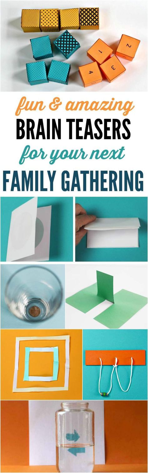 Brain teasers and party tricks for family gatherings. Kids will love to stump the grown-ups. Brain Teasers For Kids, Brain Teaser Games, Thanksgiving Games For Family, Brain Puzzles, Brain Teaser Puzzles, Thanksgiving Games, Logic Puzzles, E Mc2, Brain Games