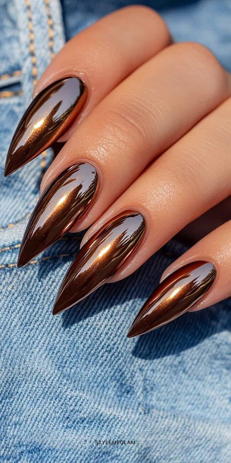 31 Popular Fall Nail Ideas that Scream Cozy Autumn Vibes Fall Mustard Nails, Fall Nail Acrylic Ideas, Fun Fall Nails Acrylic, Fall Copper Nails, Fall Nail Designs Stiletto, Copper Fall Nails, Fall Color Nails Gel, Sultry Nails, Fall Long Nails Ideas