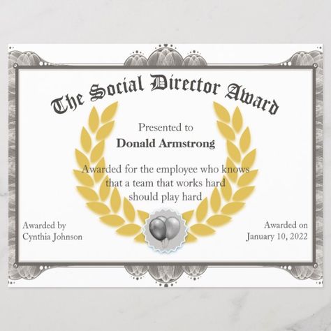 Funny Office Awards, Funny Employee Awards, Funny Awards Certificates, Director Office, Work Appreciation, Staff Appreciation Ideas, Staff Ideas, Office Awards, Funny Awards