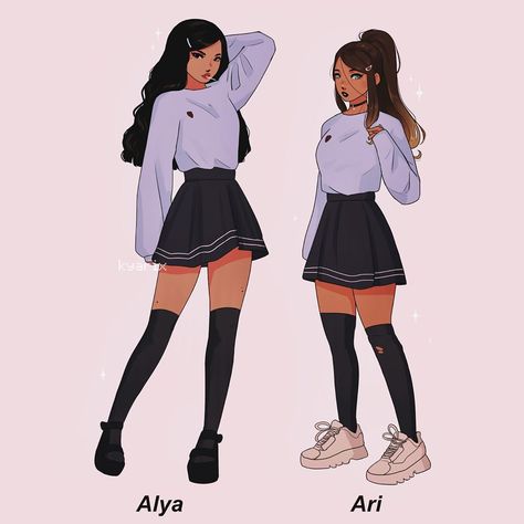 kyarix ✨ on Instagram: “💘choose ur fighter... alya and ari! high school au ✨ #kyarixoc i kinda designed a school uniform too but idk if they actually wear it.... i…” Drawing Uniform School, School Uniform Drawing, Tmnt Oc, Manga Clothes, School Uniform Outfits, Art Outfit, Dancers Outfit, Casual Skirt Outfits, School Dresses