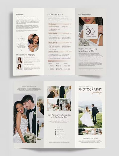 Wedding Photographer Tri-Fold Brochure Template Trifold Save The Date, Trifold Brochure Design Minimalist, Church Brochures, Trifold Product Brochure Design, Blank Trifold Brochure Template, Photographer Templates, Square Trifold Brochure, Pricing Guides, Wedding Brochure