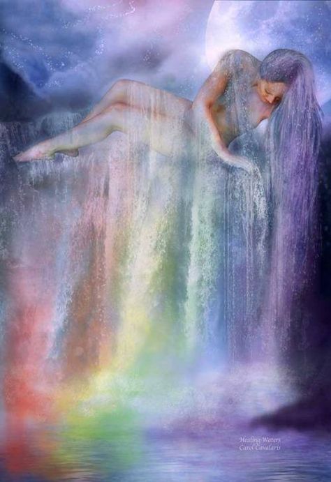 waterfall lady chakra lights Healing Artwork, Healing Waters, Arte Fantasy, Spiritual Art, Ayurveda, Rainbow Colors, Reiki, Beautiful Art, Chakra