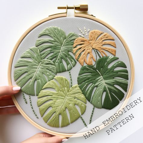 Monstera Pattern, Plant Embroidery, Water Soluble Paper, Stitches Embroidery, Hand Embroidery Projects, Art Tropical, Thread Art, Tropical Leaf, Modern Embroidery