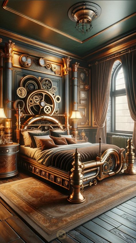 Immerse yourself in the captivating world of steampunk with this bedroom design. It combines rustic metal elements, vintage furniture, and industrial accents with Victorian elegance. Perfect for those seeking a unique, adventurous bedroom theme with a historical twist. Victorian Steampunk Bedroom, Steam Punk Bedroom, Steampunk Bed, Steampunk Interior Design, Steampunk Phone, Pirate Ship Bed, Steampunk Rooms, Steampunk Bedroom, Industrial Accents