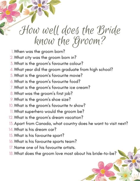 How well does the Bride know the Groom? Groom Shoes, First Job, Bridal Shower Games, The Groom, Shower Games, Dream Vacations, Favorite Tv Shows, Favorite Color, The Bride