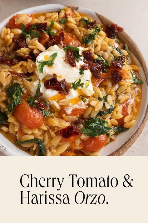 Cherry Tomato and Harissa Orzo | This Little Plate. Cherry Tomato Orzo, Tomato Orzo, How To Cook Orzo, Pasta Sides, Tomato Vegetable, Vegetarian Pasta, Cherry Tomato, Fennel Seeds, Dried Tomatoes