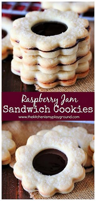 Raspberry Jam Sandwich Cookies ~ Two perfectly delicious homemade butter cookies joined together by gooey raspberry jam filling.  It's a little bit of pure cookie awesomeness!  www.thekitchenismyplayground.com Jam Filled Shortbread Cookies, Sandwich Cookies Christmas, Rolled Cookies, Chewy Bars, Chocolate Marshmallow Cookies, Amazing Cookie Recipes, Salted Caramel Pretzels, Xmas Cookie, Jam Sandwich