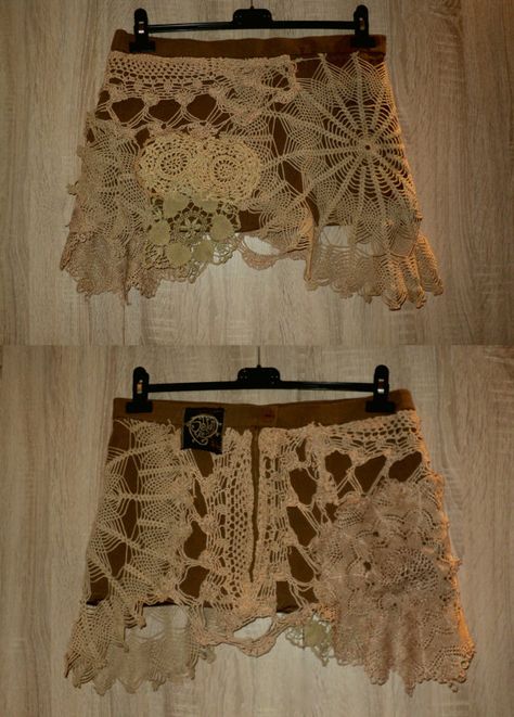 crochet doily skirt Diy Patchwork Jeans, Small Girls Dress, Upcycled Crochet, Doilies Diy, Crochet Baby Bonnet, Crochet Lace Doily, Crochet Skirt Pattern, Beachy Outfits, Crochet Skirts