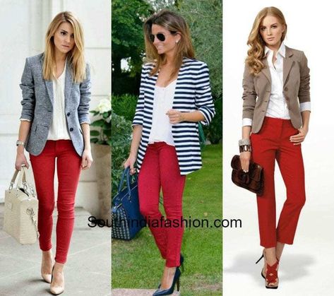 Red Pants with blazers 600x531 What To Wear With Red Pants, Red Jeans Outfit, Red Pants Outfit, Red Jeans, Red Blazer, Cropped Denim Jacket, Red Pants, India Fashion, Red Outfit