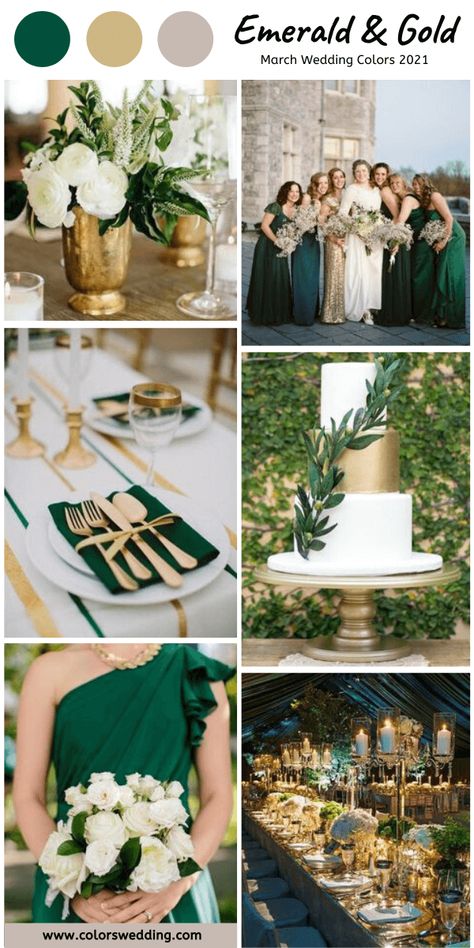 Emerald Green Gold White Wedding, Emerald Green White And Gold Wedding, Emerald Green And Gold Wedding Decor, Green And Gold Gown, Emerald Green Gold Wedding, March Wedding Colors, Emerald And Gold Wedding, Emerald Green And Gold Wedding, Bridesmaid Dresses Gold