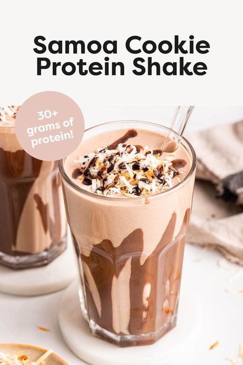 Inspired by a Girl Scout cookie favorite, this Samoa cookie protein shake is loaded with caramel, chocolate and coconut flavors while packing in over 30 grams of protein! Cookie Protein Shake, Samoa Cookie, Samoa Cookies, Coffee Protein Shake, Chocolate And Coconut, Chocolate Protein Shakes, 30 Grams Of Protein, Cardboard Car, Cookie Crunch