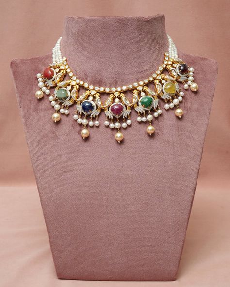 Navratna Earrings, Navaratna Necklace, Navratna Jewellery, Navratna Necklace, Navaratna Jewellery, Indian Brides Jewelry, Gold Jewelry Prom, Choker Designs, Bridal Jewellery Design