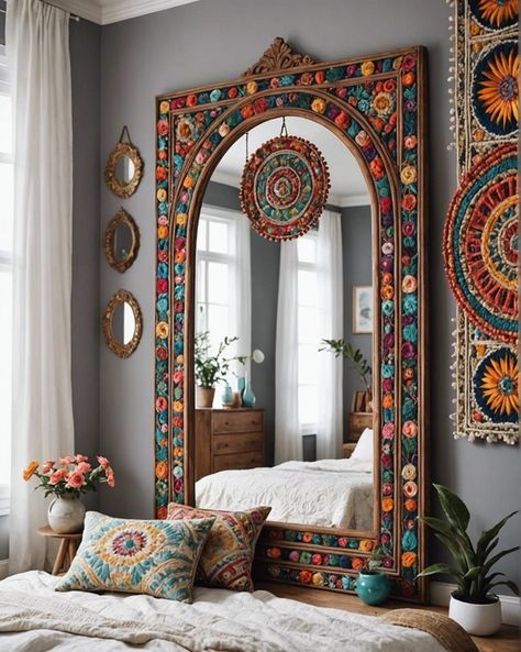 20 Super Cool Boho Style Bedroom Mirror Ideas – ToolzView Painting Mirror Frames Diy, Big Square Mirror, Upcycle Mirror Frame, Mirror Frames Diy, Southwestern Style Bedroom, Bedroom Mirror Ideas, Mirror Upcycle, Mirror Repurpose, Upcycle Mirror