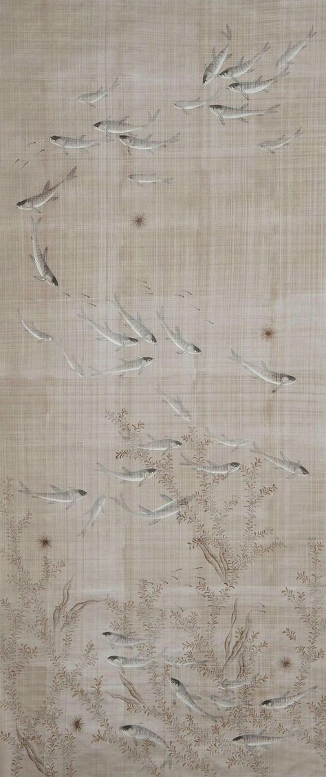 Fromental Co Pleasure of Fishes in rockpool full panel Chinese Scroll Painting, River Wallpaper, Handmade Wallpaper, Chinese Scroll, Scroll Painting, Contemporary Wallpaper, Material Textures, China Painting, Paint Background