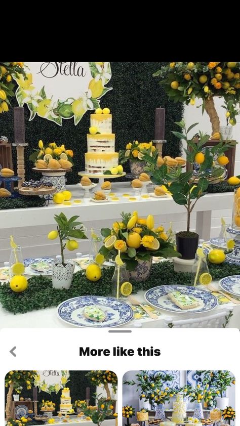 Lemon centerpiece for shower ￼ Pedestalfor lemon tree ￼ Lemon Birthday Party Decorations, Themed Bridal Shower Ideas, Lemon Decorations, Lemon Themed Wedding, Lemon Themed Party, Lemon Centerpieces, Lemon Themed Bridal Shower, Lemon Theme, Italian Party