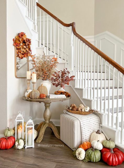 The Leaves are on Fire! — Nissa-Lynn Interiors Decorating Staircase, Men's Birthday, Fall Entryway, Thanksgiving Projects, Staircase Decor, Faux Pumpkins, Festive Holiday Decor, 40th Birthday Parties, House Interior Decor