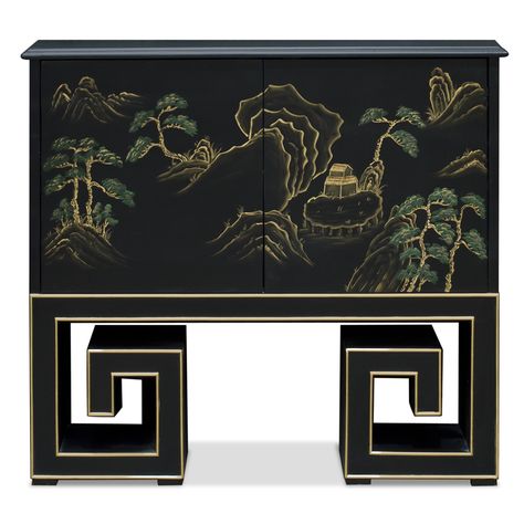 Black Lacquer Chinoiserie Scenery Motif Mandarin Cabinet Chinoiserie Cabinet, Motif Painting, Asian Cabinet, Chinoiserie Furniture, Pagoda Lanterns, Imperial Dragon, Medication Storage, Chinoiserie Motifs, Asian Furniture