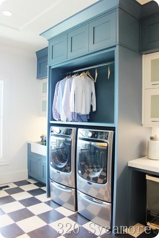 blue laundry with checkered floor Laundry Room Pantry, Checkered Floor, Laundry Room Storage Shelves, Laundry Room/mud Room, Organizar Closet, Pantry Laundry Room, Small Laundry Room Organization, Laundry Ideas, Room Storage Diy