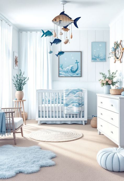 Nursery Room Ideas Shark Nursery Baby Boy, Nursery Ideas Ocean Theme, Nursery Ideas Under The Sea, Baby Nursery Ocean Theme, Baby Boy Ocean Theme Nursery, Nursery Sea Theme, Under The Sea Nursery Boy, Sea Nursery Boy, Ocean Nursery Boy